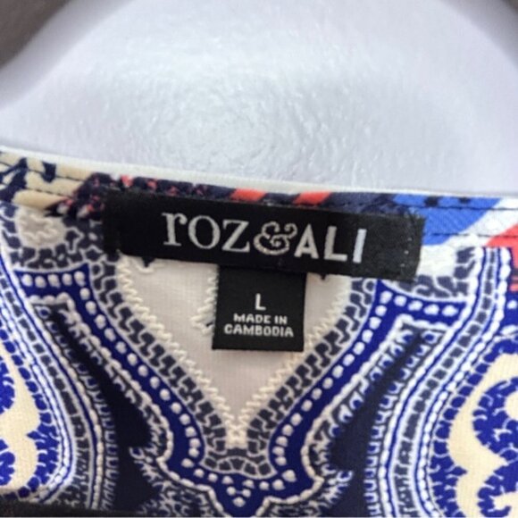 Roz & Ali Short Sleeve Blue Coral White Multi Stretch Blouse Large - Picture 8 of 11